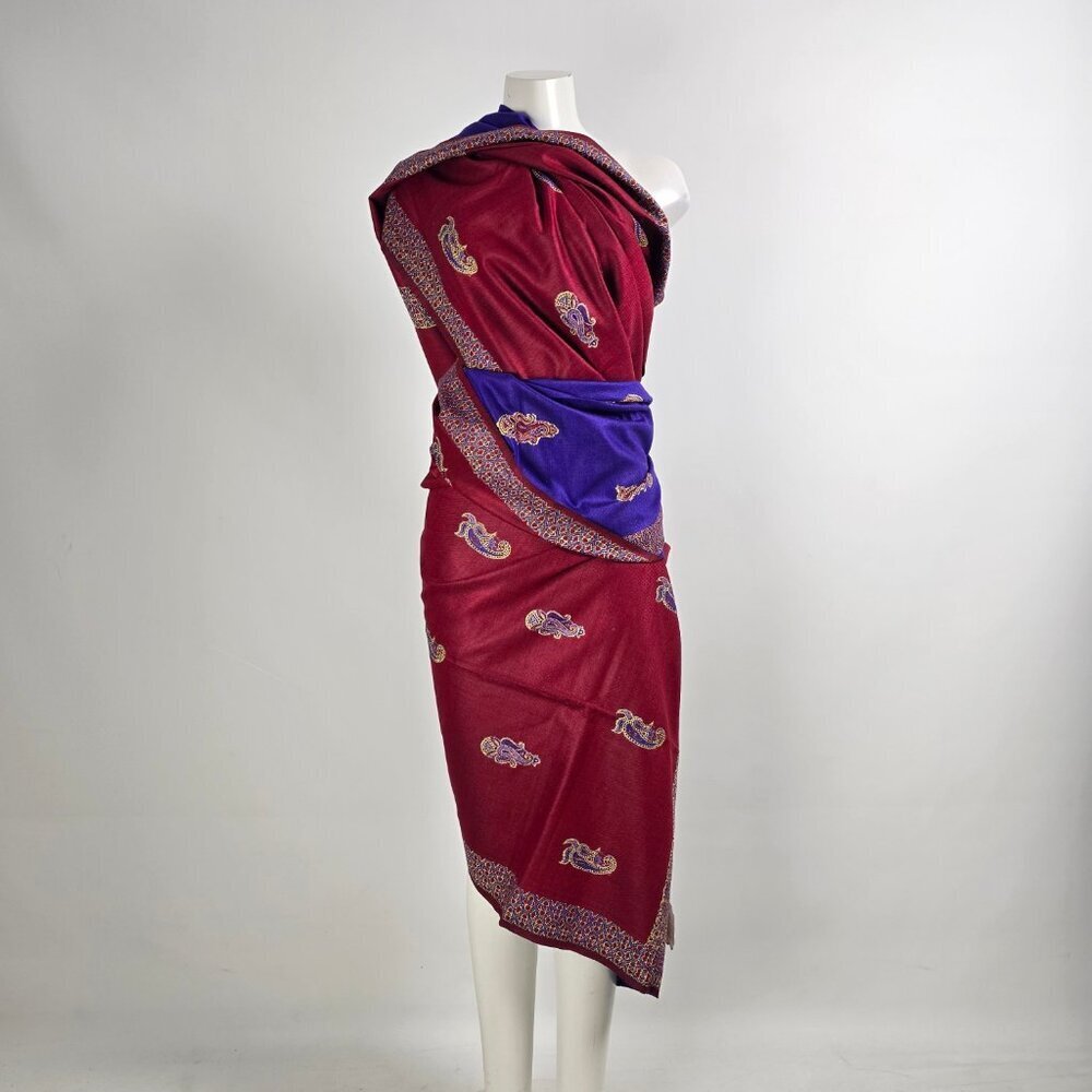 Vintage Kashmiri Embroidery Red & Blue Wrap Scarf Made In India